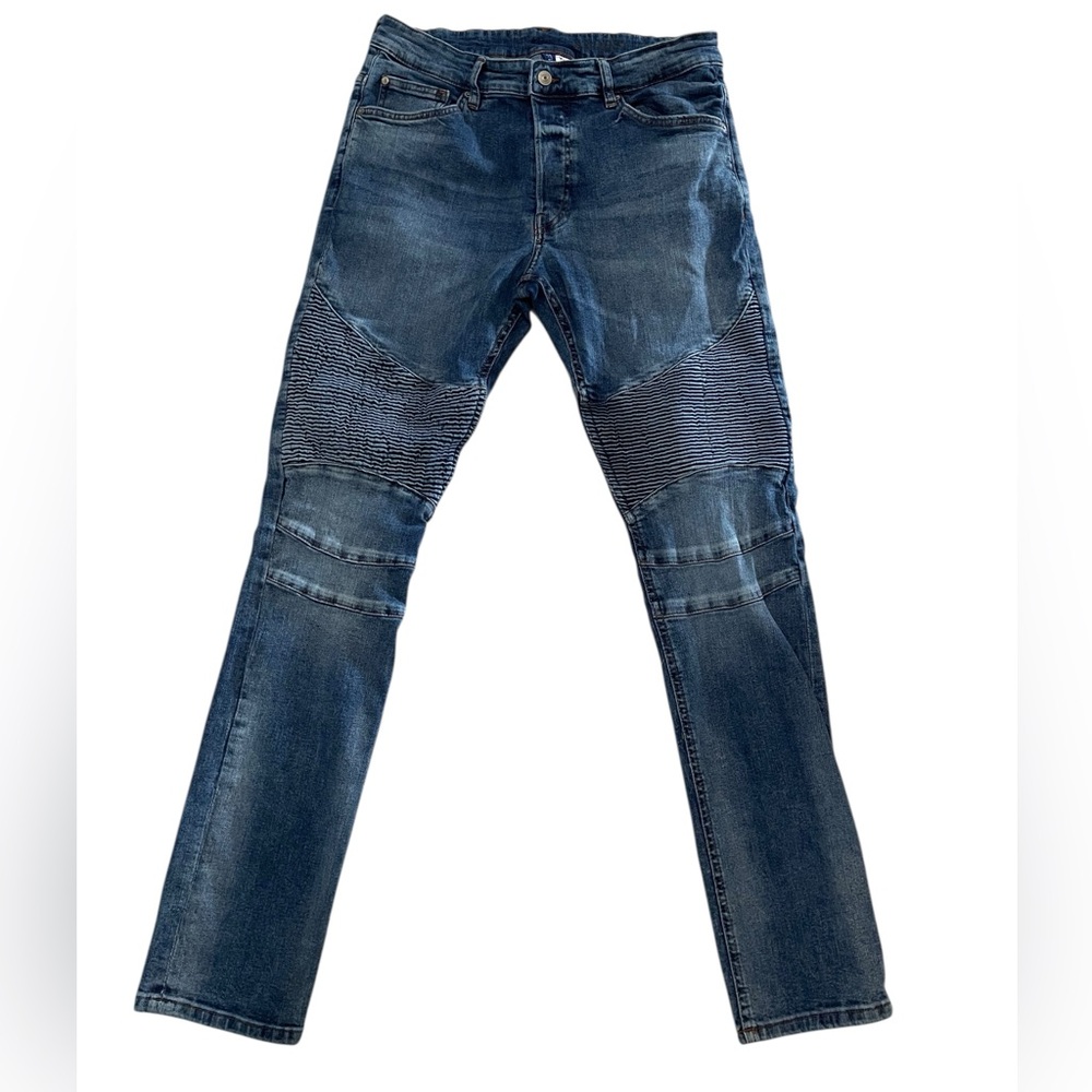 H & M Divided Moto Skinny Jeans Mens Size 34x31 Stretch Blue Denim Bren Fly #FJ